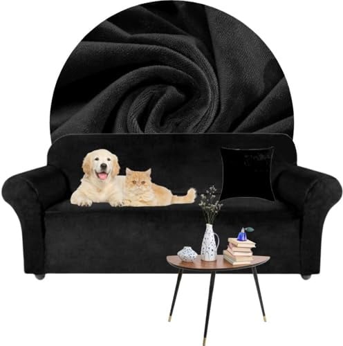 Domidekor - Sofa Überzug Schwarz - Couch und Sofabezug 2 Sitzer - Sofaüberwurf für Wohnzimmer - Sesselbezug Stretch - Elastische Samt Couchbezug - Breite 145-185cm - Oeko-Tex 100