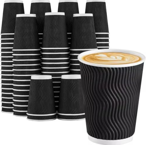 500 Pack 12oz Takeaway Coffee Cups | Disposable Insulated Triple Wall Ripple Black Paper Coffee Cups for Takeaway Coffee, Tea or hot Liquids | Pack of 500 (12 Oz.), Black