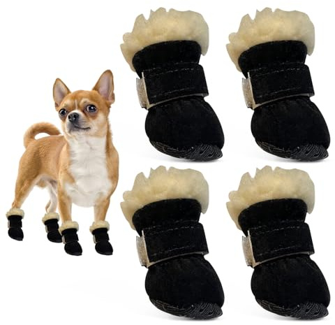 AIEDECOPT 4 Stück Hundeschuhe Pfotenschutz, Hundeschuhe Winter Anti Rutsch, Schneestiefel Hunde, Plüsch Hundestiefel für Kleine und Mittlere Hunden Outdoor-Aktivitäten (Schwarz, XL)