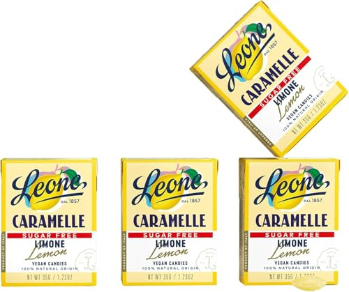 Leone dal 1857 - Caramelle Leone Senza Zuccheri Limone - Scatoletta con Stevia - Caramelle Vegane e Senza Glutine - 4 astucci da 35g (4 x 35g)