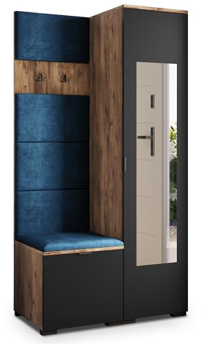 Masseno Flugarderoben Set VIRA, Kleiderschrank-Set mit Spiegel und Sitzbank, Garderobenschrank Flur mit 3 Regalböden, Eiche Lefkas/Schwarz