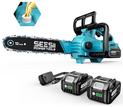 SEESII 12 Zoll Akku Kettensäge, 1200W mit 2×4Ah Akkus | 1200W bürstenloser Motor · Auto-Öler · Werkzeuglose Spannung · Für Baumschnitt, Astung, Sturmschäden