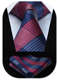 HISDERN Krawatten Herren Karierte Krawatte mit Einstecktuch Formelle Klassische Hochzeit Herrenkrawatte und Taschentuch Set für Männer Weinrot & Blau