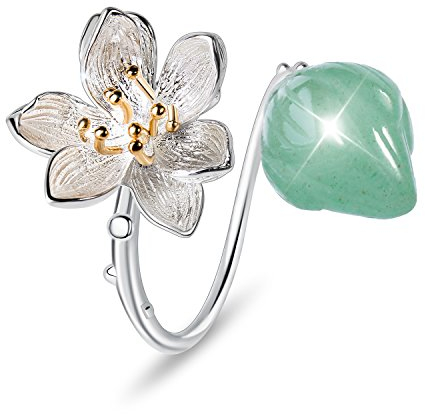 Springlight S925 Sterling Silber Lotus Blume Offener Ring für Frauen - Handgemachtes Schmuck Geburtstagsgeschenk (Grün)