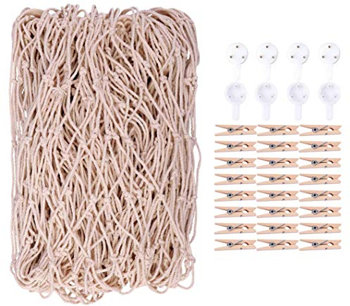 MaoXinTek Foto Hängende Fischnetz Wanddekoration Mediterranen Stil für von Bildern, Postkarten DIY Bilderrahmen Baby Shower Party Wand Dekorative 200 x 100cm (mit Holzklammern und spurlosen Nägeln)