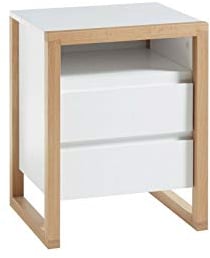 Robas Lund Nachtkonsole weiß matt mit Massivholzelementen, Nachtkommode mit Schubladen für Polsterbett Nako Boxspringbett Nachtschrank, BxHxT 48x60x40 cm