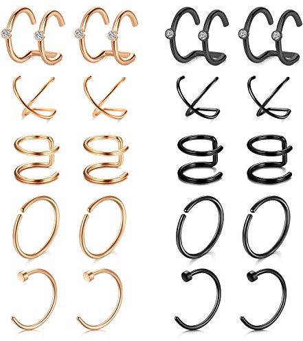 Mayhoop 20Pièces Ear Cuffs Faux Piercing Oreille Mancheete d'oreille Acier Chirurgical Non Piercing Boucle d'oreille Non-Percé Faux Piercing Nez Lèvre Helix Or Rose Noir