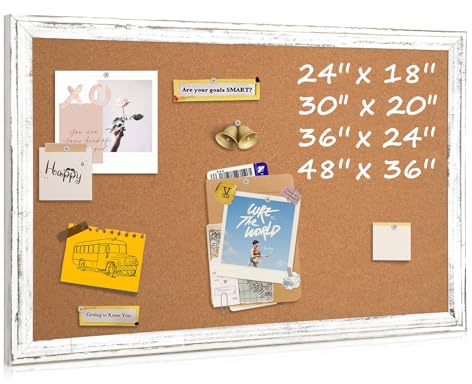 QUEENLINK Cork Board Bulletin Board, 36 x 24 Corkboard for Wall, Rustic White Wooden Frame, Hanging Pin Board for Home & Office Decor, 10 Push Pins