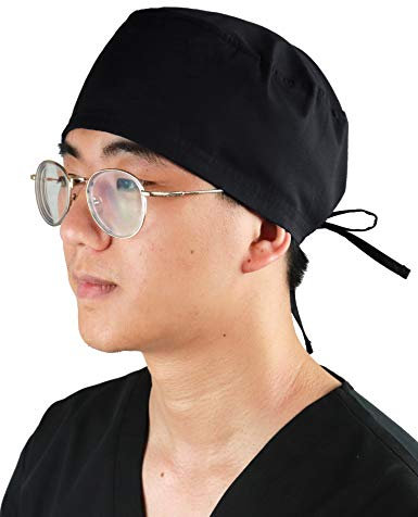 JONATHAN UNIFORM OP Haube Stoff Herren Damen mit Frottierpad, Chirurgische Kappe Verstellbar für Arzt Zahnarzt Pflege Krankenschwester Klinik (Schwarz)