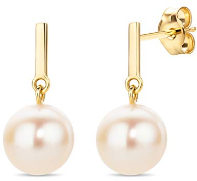 Orovi Schmuck Damen Ohrhänger Gelbgold mit runde weiße Süßwasserperlen 7.5 mm Ohrringe aus 14 Karat (585) Gold