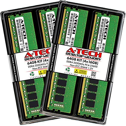 A-Tech 64GB (4x16GB) DDR4 3200MHz UDIMM PC4-25600 (PC4-3200AA) CL22 DIMM Non-ECC moduli di memoria RAM desktop