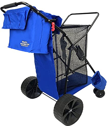Beach Umbrella Wagon Cart Deluxe – Heavy Duty Folding Ocean Utility Cart – Large Sand Wheels – Holds 4 Beach Chairs – Storage Pouch -Holder –Removable Bag - Solid Blue