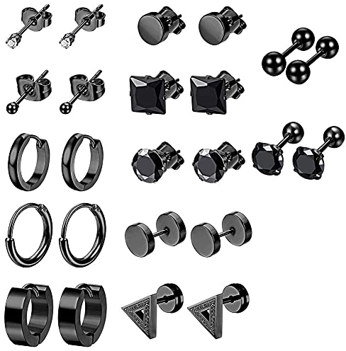 QincLing 12 Paar Herren Ohrringe Edelstahl Schwarz Titan Punk Kreuz Piercing Ohrstecker Runde Coole Creolen Baumeln für Männer Jungen