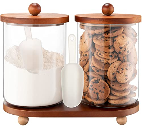 Lot de 2 bocaux en verre de 2,863 g avec couvercles hermétiques pour comptoir de cuisine, conteneurs de rangement en verre avec couvercle en bois et plateau pour cuisine ou buanderie
