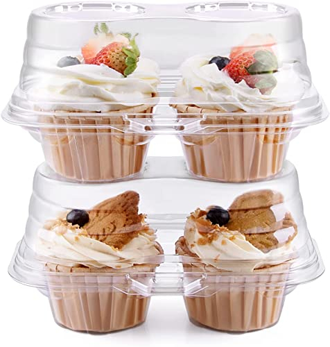 KAHEIGN 50Pcs 2 Cavity Cupcake Boxes, Clear Plastic Cupcake Boxes High Dome Double Cupcake Holder Stackable Hinged Food Container Carrier with Lids for Cupcakes Muffin Salad Cheese