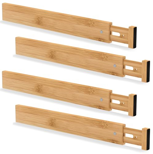 Ruichang 4er-Set Bambus Schubladentrenner Verstellbar (44-55 x 1.5 x 5.7 cm, Natur), Schubladenteiler Küche, Schubladen Organizer für Küchenschubladen