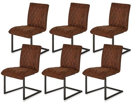 KHG 6er Set Esszimmerstühle Mikrofaser Wildleder-Optik braun - Freischwinger bis 110 kg, Küchenstuhl, Schwingstuhl, Polsterstuhl mit Wellenfederung für Küche Büro Wohnzimmer