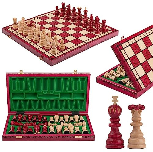 Handgefertigt Schachbrett Holz Klappbar | Master of Chess Schachspiel Holz Rote | Chess Set 42cm | Klassisches Familienschach - Schachbrett mit Figuren
