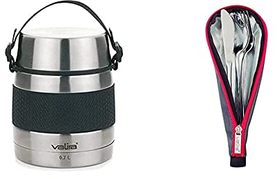 Valira 6614 Termo para sólidos con 2 contenedores interiores, Acero inoxidable, 0.7 L & Porta alimentos - Set de cubiertos