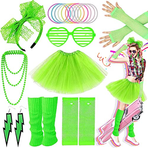 Ronilp 80s Fancy Dress For Women,1980s Fancy Party Green Costume Accessories Set, Tutu Skirt Leg Warmers Necklace Bracelets Fishnet Gloves 80s Lace Bow Headband Earrings Sunglasses
