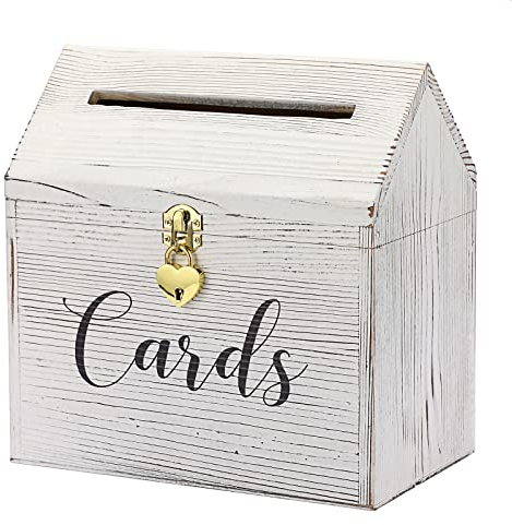 SUMNACON Vintage 25CM Holz Kartenbox mit Deckel Liebeschloss Hochzeit Kartenbox-Box für Jubiläum Weichnachten Hochzeit Geburtstag Baby-Shower Party Geschenkkarten Briefbox(Weiss,Gross)