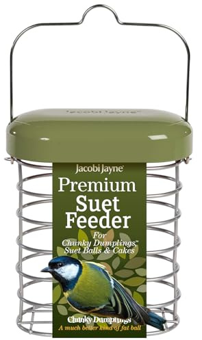 Jacobi Jayne® Futterspender für Meisenknödel zum Aufhängen, für Meisenknödel, Allwetter-Futterstation aus Metall, Grün – Kleiner Futterspender für Meisenknödel