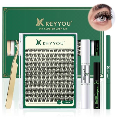 DIY Lash Extension Kit KEYYOU 144pcs Lashes Clusters Eyelash Extension with Mascara Brush Bond and Seal Glue Remover Applicators for DIY Lash Extensions (Y01 Kit)