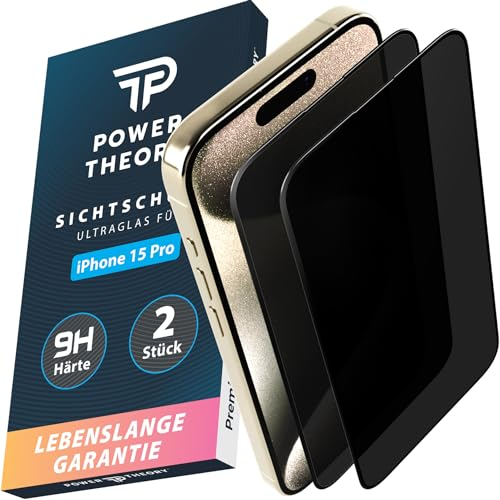Power Theory Sichtschutz für iPhone 15 Pro - Ultra-Glas Schutzfolie mit 9H Bruchfestigkeit, Blasenfreie Anbringung & Schnelle Installation [2 Stück]
