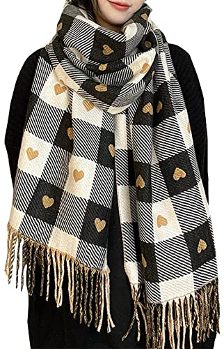 Schal Gelb Gemustert Schal Rot Kariert Kaschmir Damen Unisex Reversible Love Plaid Quaste Schal Warmer Schal verdickter Schal Feuchte Tücher Haut Set Mütze Schal Handschuhe Herren (Black, One Size)
