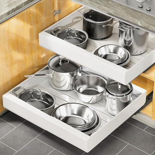 KMQRDZi 1 organizador de armario extensible, cajones extraíbles, armario de cocina para ollas, estante enrollable para organización de armarios de cocina, color blanco