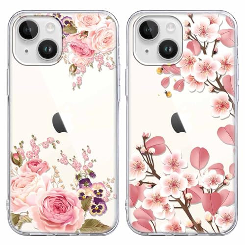 Foonary 2 Pack Clear Floral Print Phone Case Compatible with iPhone 14/iPhone 13 6.1,Slim Soft Silicone with Pink Flower Design Aesthetics Transparent Pattern Cases,Shockproof Bumper Protector Cover