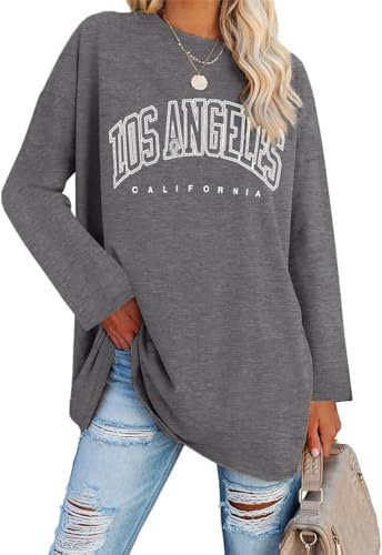 Ebifin Oversize Langarmshirt Damen Longshirt Rundhalsausschnitt Los Angeles Oberteil Langarm T Shirts Pullover Basic Tunika Tee Tops.Dunkelgrau.XXL