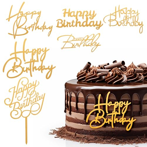Tyqour 6pcs Gold Happy Birthday Cake Toppers Glitter Side Mirror Acrylic Cake Topper Personalised Cake Topper Happy Birthday Cupcake Toppers Cake Decorations for DIY Birthday Cake Decor