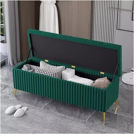 WIGSELBL Samt-Ottoman-Bank mit Stauraum, gepolstert, getufteter Stauraum, extra lange Aufbewahrungsbank mit goldenen Beinen, gepolsterte Bettbank, 120 cm, Grün