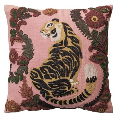 Creative Co-Op Embroidered Tiger and Flowers Cotton Slub Pillow, Multicolor