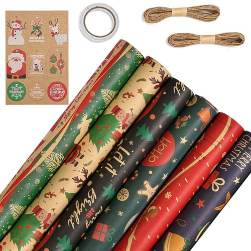 POPOYU 6 Blatt Geschenkpapier Weihnachten, 50x70cm Weihnachtsgeschenkpapier 6 Verschiedene Muster, Kraftpapier Geschenkpapier Weihnachten Set mit Hängeetiketten und Baumwollseil für Geschenkverpackung