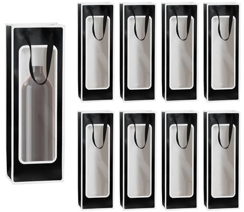 12Pcs Black Wine Gift Bags with Clear Window, 14.17× 4.92× 3.45 inches Paper Bottle Bags