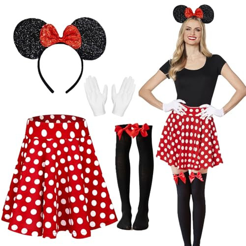 Costume de Souris, Tutu à Pois Rouge, Mouse Bandeau, Gant Blanc, Deguisement Mouse Enfant Fille, Deguisement Mouse Femme, pour Mascarade, Cosplay de Carnaval, L'habillage de Fête D'anniversaire (S)