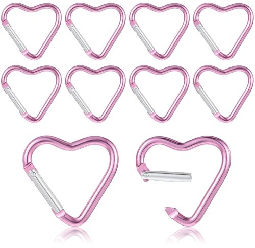 Lot de 10 mousquetons mignons en forme de cœur en métal pour sac à dos, porte-clés, boucle d'escalade, porte-clés pour chien, laisse, porte-bouteille d'eau, clips à ressort (rose)