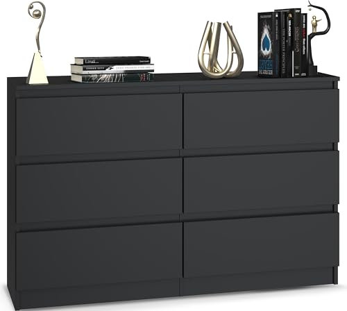 Beneli Kommode Schwarz 120x30x75 cm | Schubladenkommode mit 6 Schubladen | Stilvolles Sideboard für Wohnzimmer, Schlafzimmer & Flur | Moderne Aufbewahrungslösung