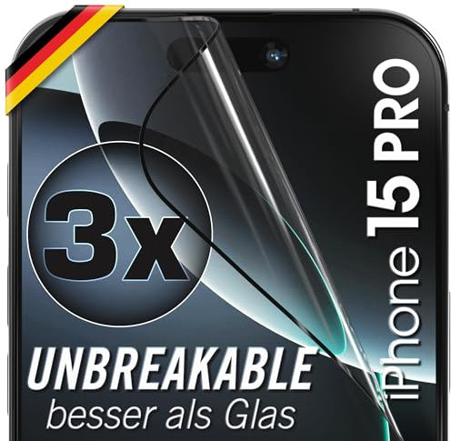 UTECTION 3X Panzerfolie [Besser als Glas] für iPhone 15 PRO - Unzerstörbarer Displayschutz - Perfekte passform - Schutzfolie mit ALLEN Hüllen kompatibel - Super Haptik & Kinderleichte Anbringung