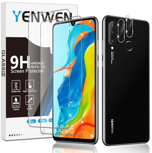Yenwen Schutzfolie für Huawei P30 Lite/Nova 4e für Panzerglas, 2 Stück Displayschutz mit 2 Stück Kameraschutz für Huawei P 30 Lite, 9H Härte Schutzglas Handy Folie HD Klar Panzer Schutz Glas