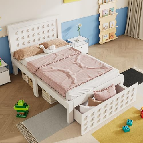 Merax Kinderbett 90x190cm, Einzelbett mit Schubladen, Holzbett mit Lattenrost und Unterm Bett Stauraum, Jugendbett mit Kreativem Block Design, Bettgestell aus Massivholz & MDF, ohne Matratze, Weiß
