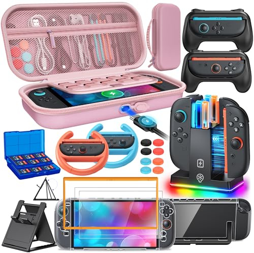 Switch 2 Zubehör, [Lade innen] Tasche Bundle für Switch 2 Konsole(Rosa) | FYOUNG 22-in-1-Set: Tragetasche, Controller-Ladestation, Schutzhülle, Griff für Joy Con, Lenkrad für Mario Kart