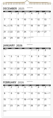 Calendario de pared 2026 – Calendario de 3 meses 2026 vertical, enero 2026 – diciembre 2026, calendario de pared de 3 meses 2026, 11 x 26 pulgadas abierto, calendario mensual 2026 con impresión grande