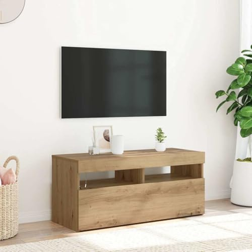 HETFTJN TV Lowboard mit RGB LED Artisan Eiche 90x35x40 cm Modernes Fernsehtisch mit Stauraum Robust Holzwerkstoff für Wohnzimmer Flur Schlafzimmer