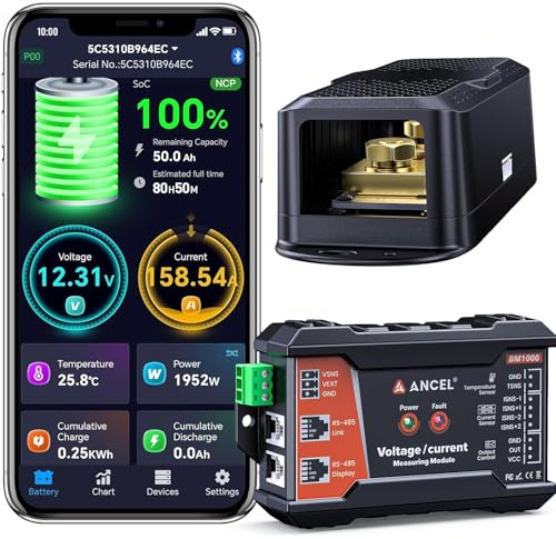 400Amp Smart Shunt, Bluetooth Battery Monitor Range 10V-120V ANCEL BM1000 | With Alarm, Track SOC/Voltage/Power/Capacity/Current/Amp/Watt, for LiFePO4/Lithium/Lead Acid/RV/Solar/Marine/Off-Grid System