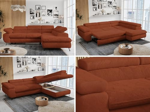 MKS MEBLE Ecksofa Wohnlandschaft L-Form mit Schlaffunktion und Bettkasten, Schlafsofa mit Bettkasten, Sofa mit Einstellbare Kopfstützen, Peter L - Plüsch - Rechts Orange (mit Topper T25)