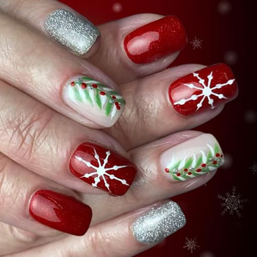 Lot de 24 faux ongles blancs festifs en forme de flocon de neige à paillettes rouges pour décorations d'événements de Noël et de rassemblements