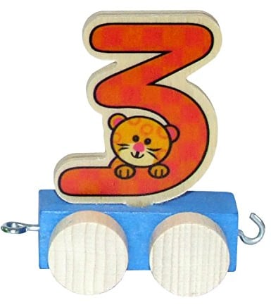 Hess Holzspielzeug 00443 - Waggon aus Holz für Geburtstagszug, Zahl 3 mit Tiermotiv, handgefertigt, ideal als Dekoration für den Geburtstagstisch
